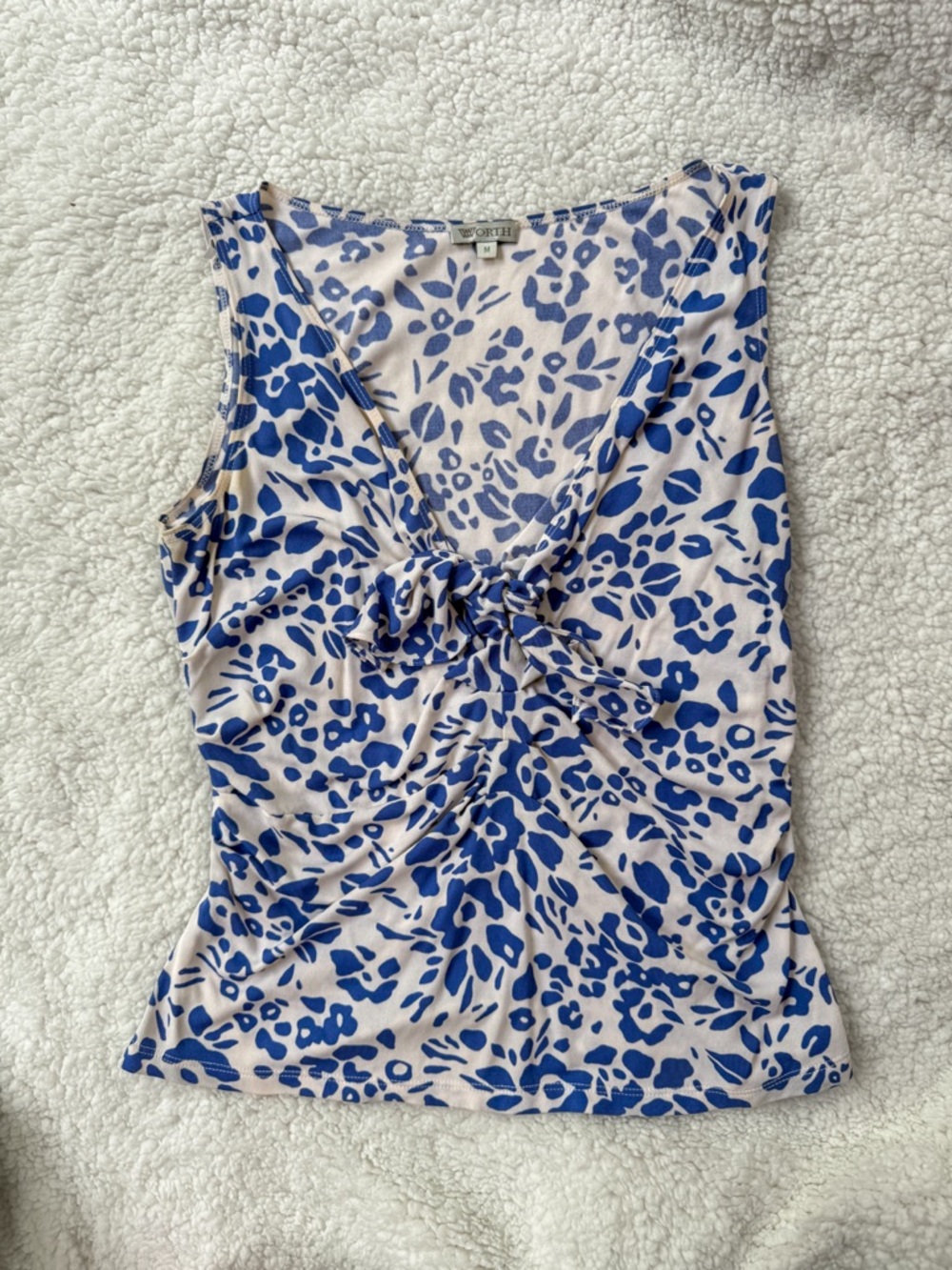 Worth Blue and White Front-Knot V-Neck Sleeveless Tank